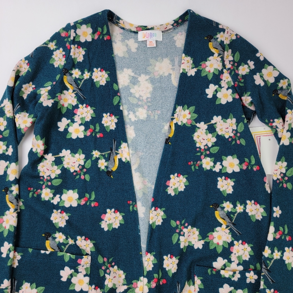 LulaRoe NWT Sarah Duster XS Emerald Green Floral Birds Open Sweater Cardigan